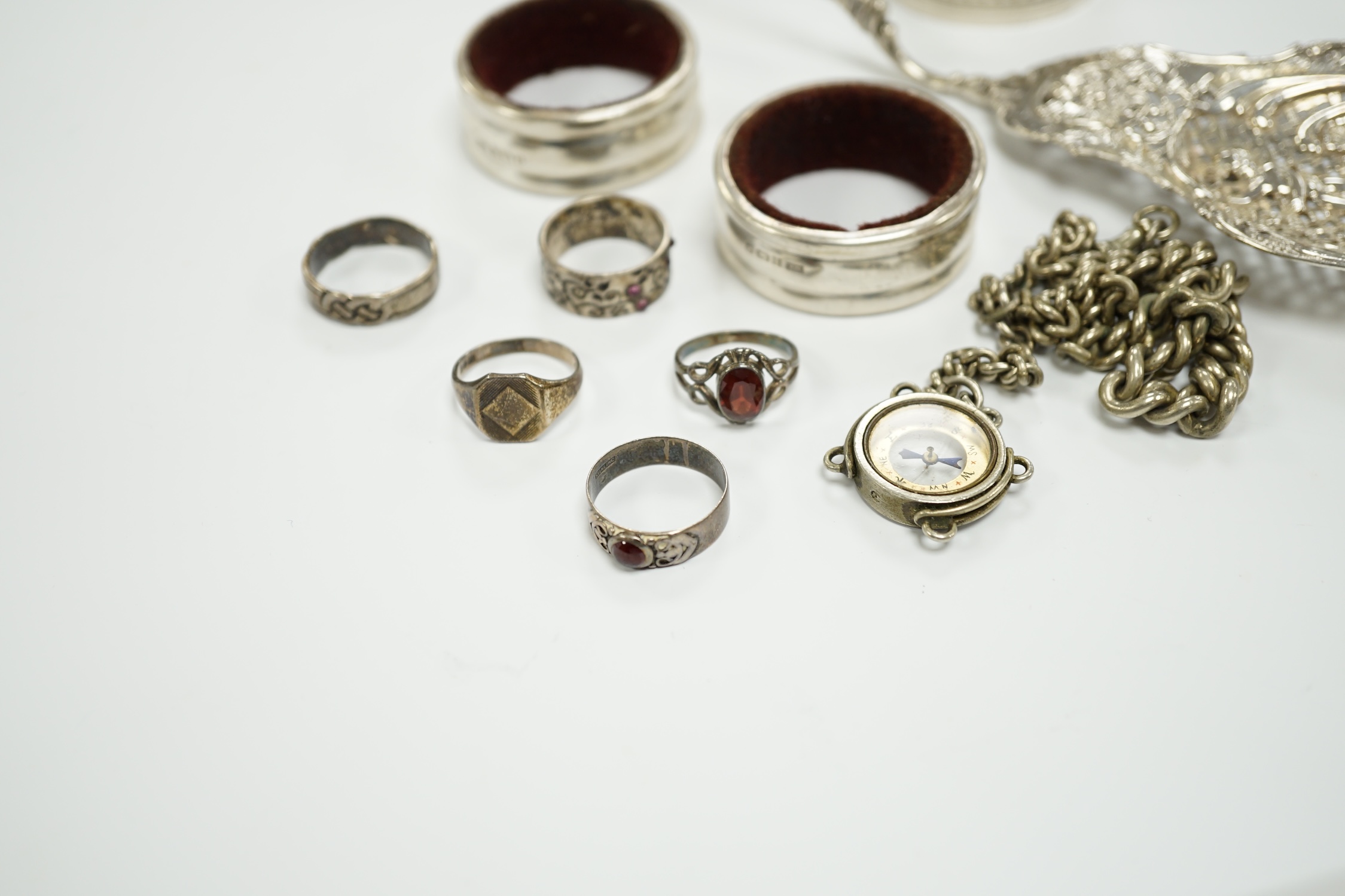 Sundry small silver and white metal items including, napkin ring, continental pierced spoon, etc.
